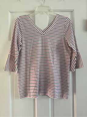 J. Jill Striped V-Neck Bell Sleeve Top - White with Red & Black Stripes, XS.